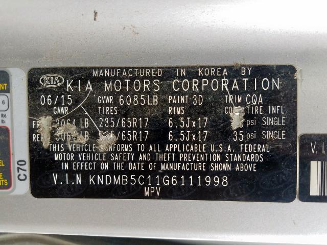 KNDMB5C11G6111998 - 2016 KIA SEDONA LX  photo 10