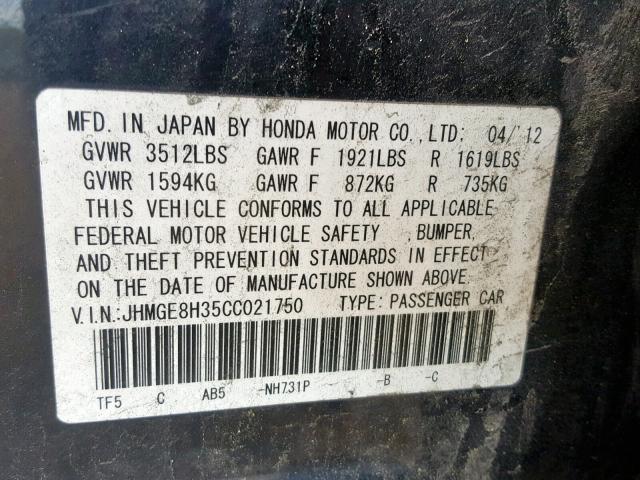 JHMGE8H35CC021750 - 2012 HONDA FIT BLACK photo 10