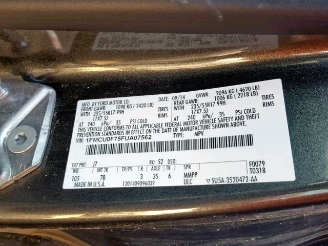 1FMCU0F75FUA07562 - 2015 FORD ESCAPE S GRAY photo 10