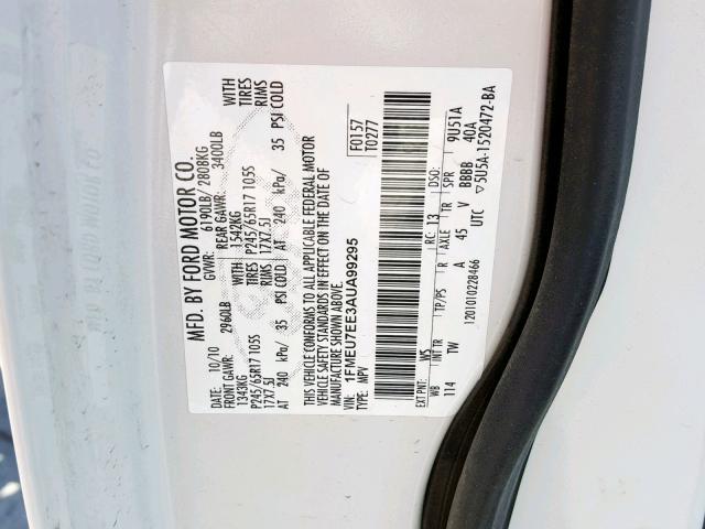 1FMEU7EE3AUA99295 - 2010 FORD EXPLORER E WHITE photo 10