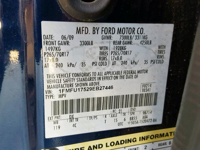 1FMFU17529EB27446 - 2009 FORD EXPEDITION BLUE photo 10