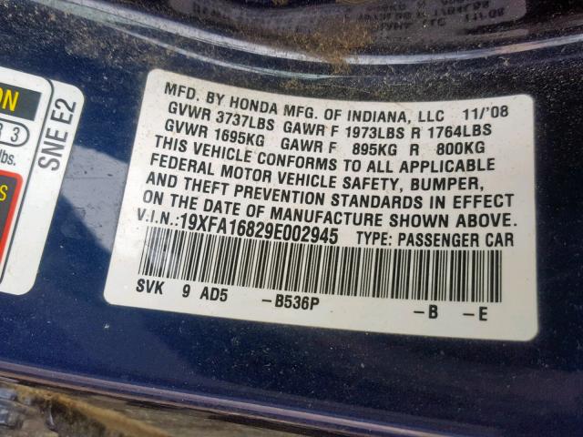 19XFA16829E002945 - 2009 HONDA CIVIC EX BLUE photo 10