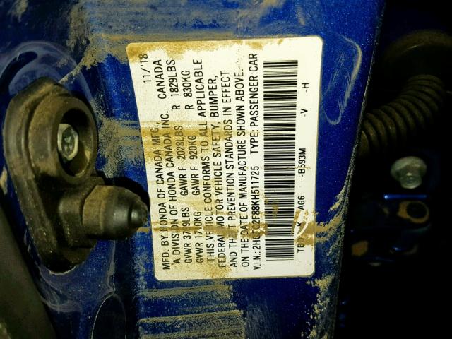 2HGFC2F88KH511725 - 2019 HONDA CIVIC SPOR BLUE photo 10