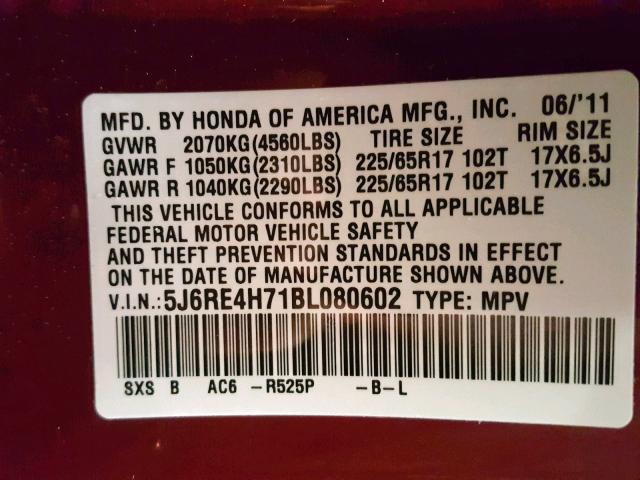 5J6RE4H71BL080602 - 2011 HONDA CR-V EXL RED photo 10