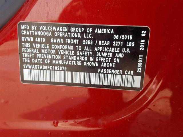 1VWAS7A36FC102679 - 2015 VOLKSWAGEN PASSAT S RED photo 10