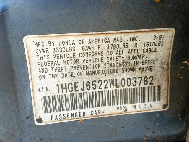 1HGEJ6522WL003782 - 1998 HONDA CIVIC DX BLUE photo 10