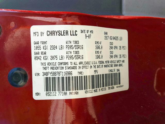 3A8FY58B78T116986 - 2008 CHRYSLER PT CRUISER TOURING  photo 10