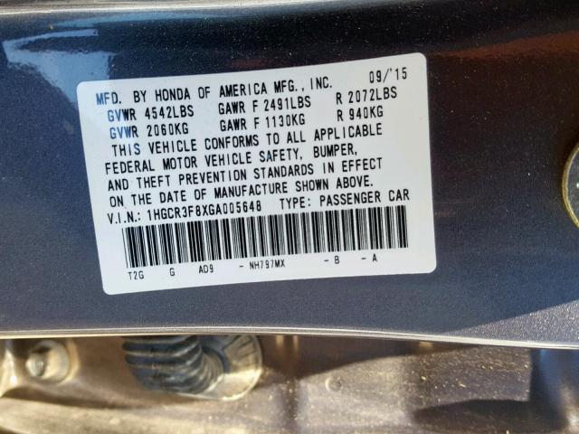 1HGCR3F8XGA005648 - 2016 HONDA ACCORD EXL GRAY photo 10