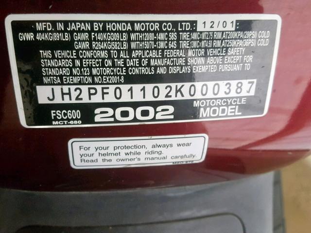 JH2PF01102K000387 - 2002 HONDA FSC600 BURGUNDY photo 10