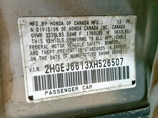 2HGEJ6613XH526507 - 1999 HONDA CIVIC BASE GRAY photo 10