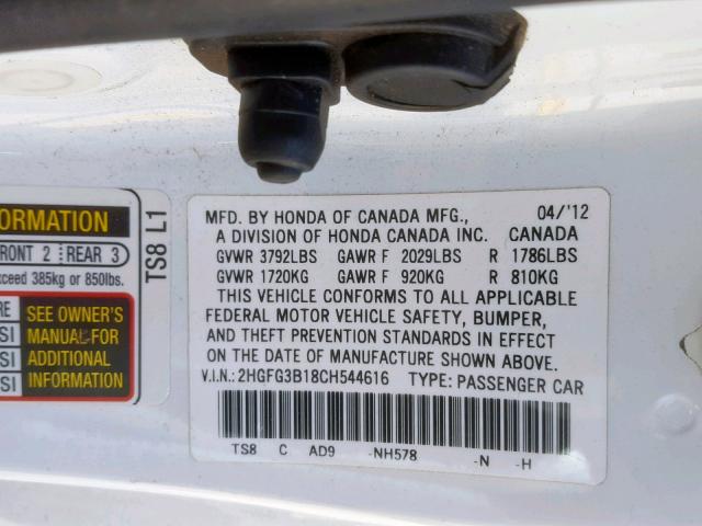 2HGFG3B18CH544616 - 2012 HONDA CIVIC EXL WHITE photo 10