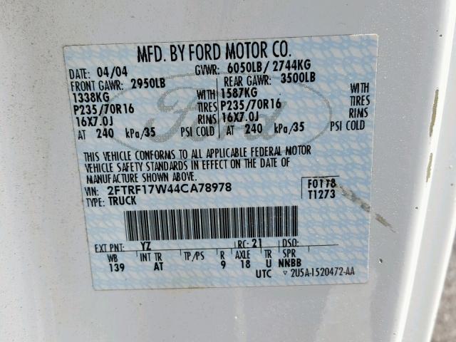 2FTRF17W44CA78978 - 2004 FORD F-150 HERI WHITE photo 10