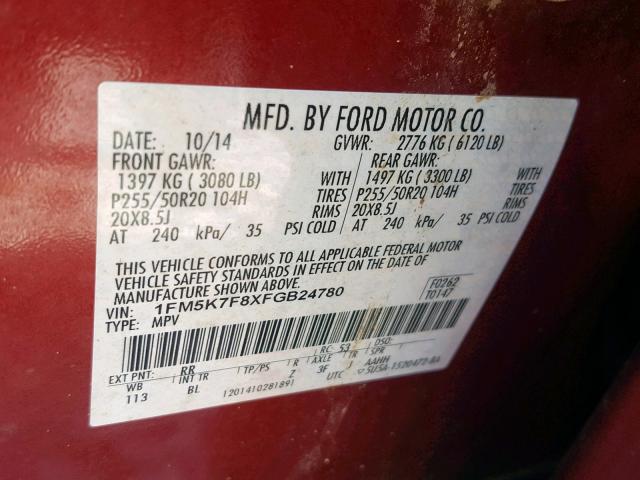 1FM5K7F8XFGB24780 - 2015 FORD EXPLORER L MAROON photo 10