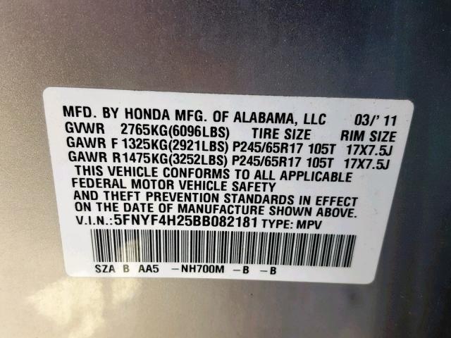 5FNYF4H25BB082181 - 2011 HONDA PILOT LX SILVER photo 10