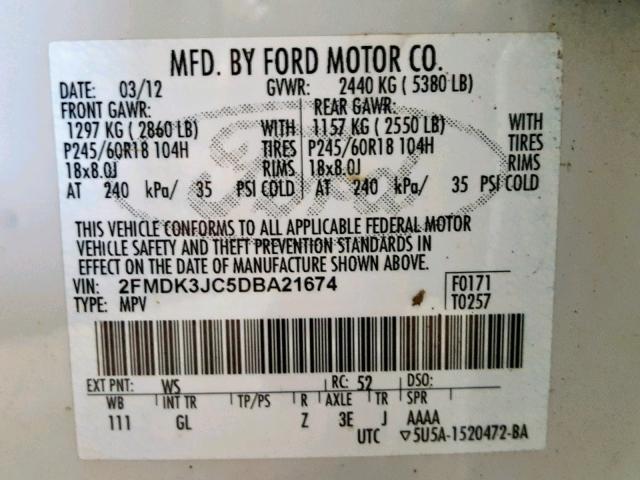 2FMDK3JC5DBA21674 - 2013 FORD EDGE SEL WHITE photo 10