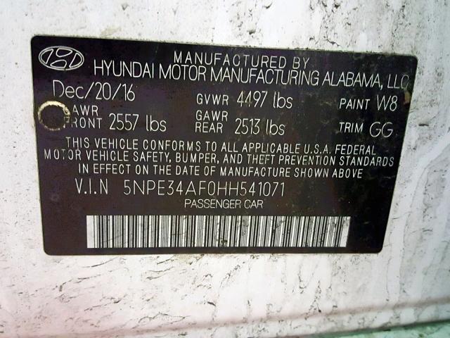 5NPE34AF0HH541071 - 2017 HYUNDAI SONATA SPO WHITE photo 10