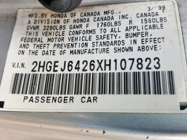 2HGEJ6426XH107823 - 1999 HONDA CIVIC CX GRAY photo 10