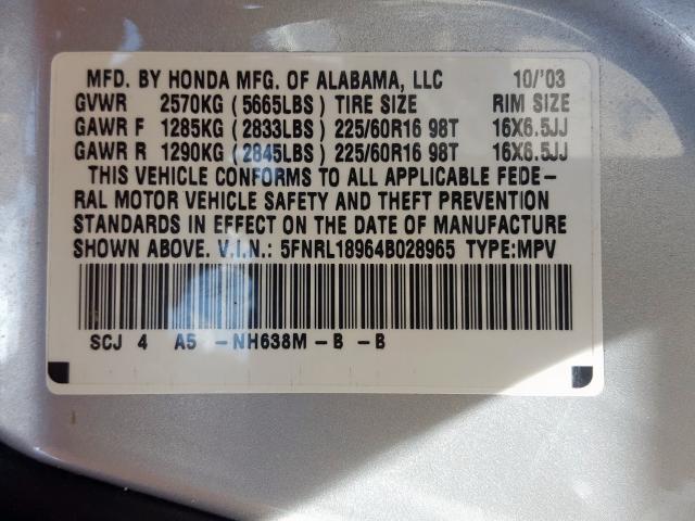 5FNRL18964B028965 - 2004 HONDA ODYSSEY EXL  photo 10