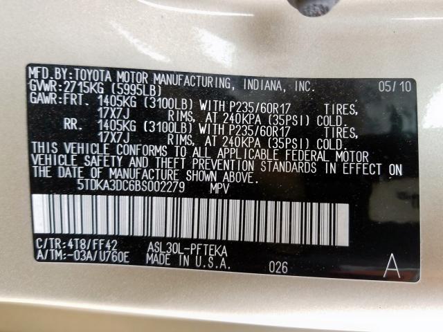 5TDKA3DC6BS002279 - 2011 TOYOTA SIENNA BASE  photo 10