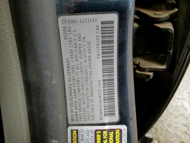 WVWRH63B64P251389 - 2004 VOLKSWAGEN PASSAT GLX 黑色 照片 10