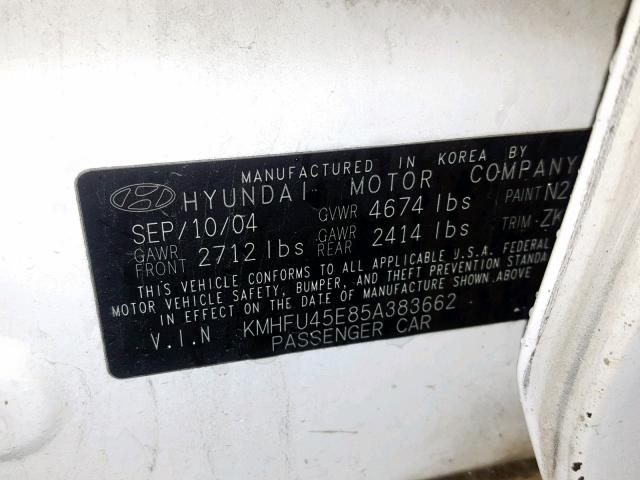 KMHFU45E85A383662 - 2005 HYUNDAI XG 350 WHITE photo 10