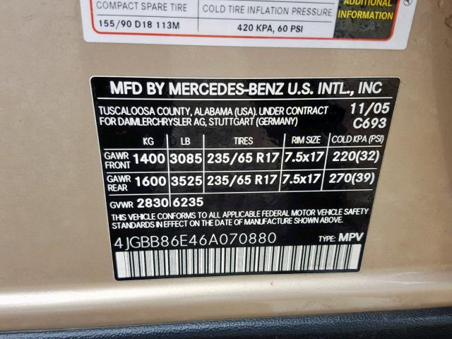 4JGBB86E46A070880 - 2006 MERCEDES-BENZ ML 350 GOLD photo 10