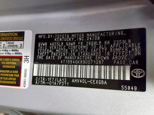 4T1BB46K89U071287 - 2009 TOYOTA CAMRY HYBR SILVER photo 10