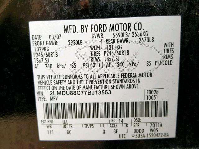 2LMDU88C77BJ13553 - 2007 LINCOLN MKX BLACK photo 10