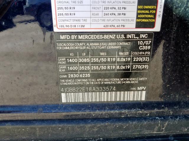 4JGBB22E18A333574 - 2008 MERCEDES-BENZ ML 320 CDI  photo 10