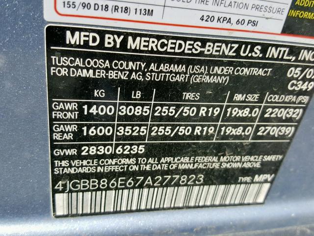 4JGBB86E67A277823 - 2007 MERCEDES-BENZ ML 350 BLUE photo 10