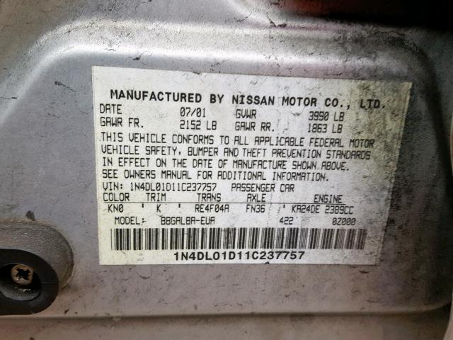 1N4DL01D11C237757 - 2001 NISSAN ALTIMA XE SILVER photo 10