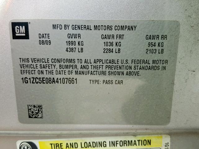 1G1ZC5E08A4107661 - 2010 CHEVROLET MALIBU 1LT 银色 照片 10