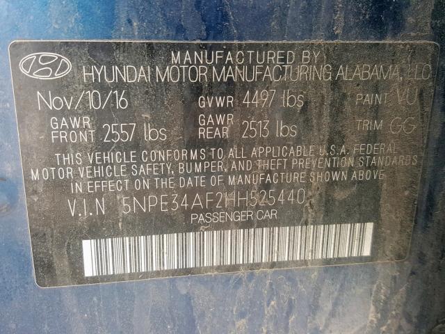 5NPE34AF2HH525440 - 2017 HYUNDAI SONATA SPO BLUE photo 10