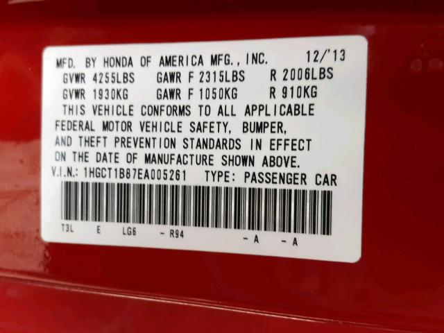 1HGCT1B87EA005261 - 2014 HONDA ACCORD EXL RED photo 10