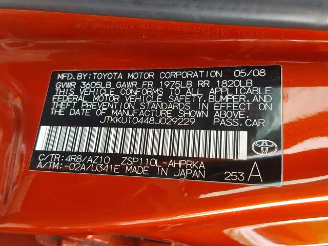 JTKKU10448J029229 - 2008 SCION XD ORANGE photo 10