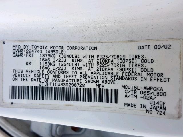 JTJHF10U830298728 - 2003 LEXUS RX 300 WHITE photo 10