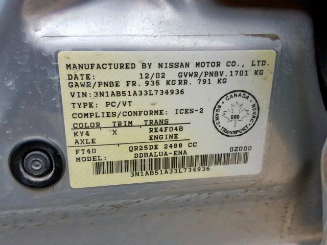 3N1AB51A33L734936 - 2003 NISSAN SENTRA SE- SILVER photo 10