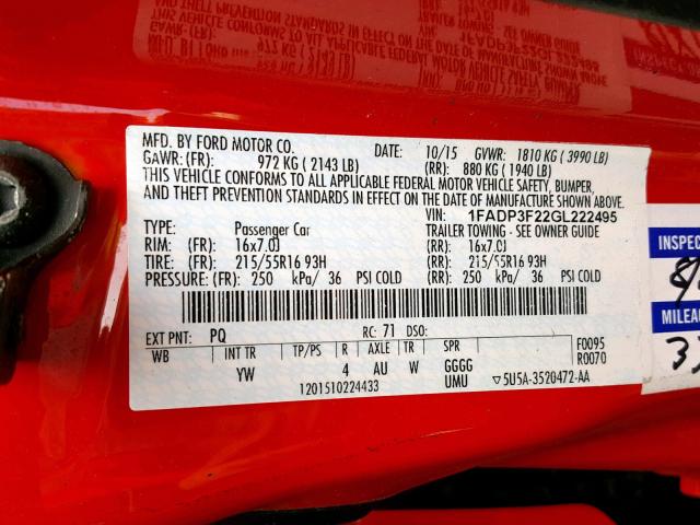 1FADP3F22GL222495 - 2016 FORD FOCUS SE RED photo 10