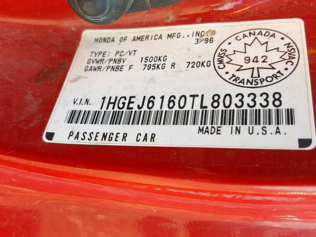 1HGEJ6160TL803338 - 1996 HONDA CIVIC DX RED photo 10