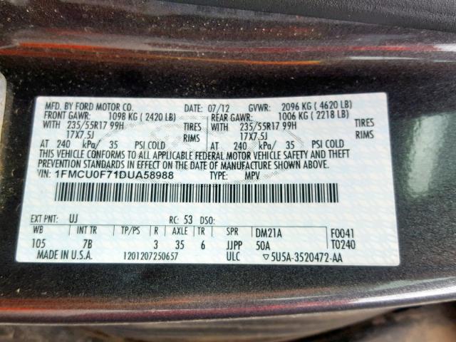 1FMCU0F71DUA58988 - 2013 FORD ESCAPE S GRAY photo 10