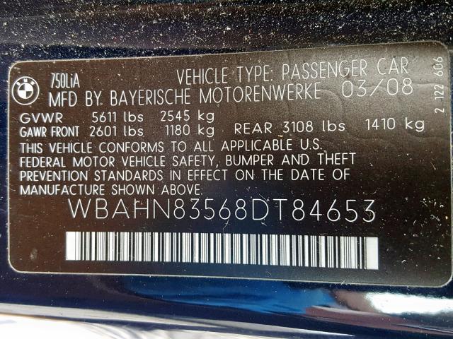 WBAHN83568DT84653 - 2008 BMW 750 LI BLUE photo 10