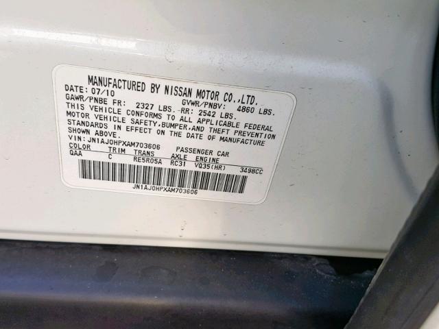 JN1AJ0HPXAM703606 - 2010 INFINITI EX35 BASE WHITE photo 10