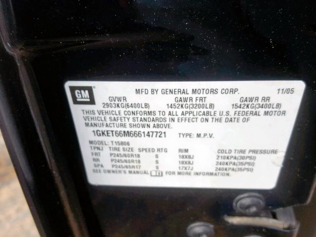 1GKET66M666147721 - 2006 GMC ENVOY DENA BLACK photo 10