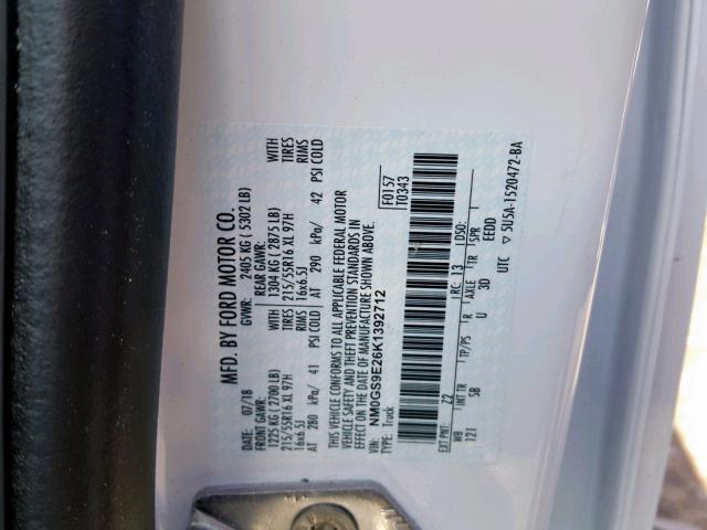 NM0GS9E26K1392712 - 2019 FORD TRANSIT CO WHITE photo 10