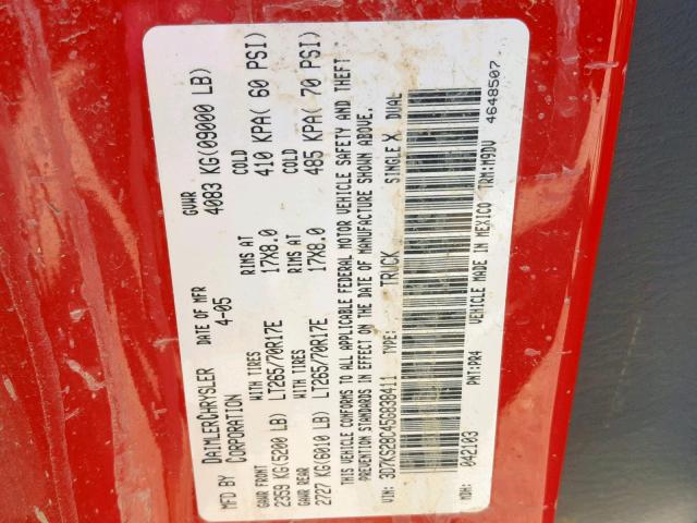 3D7KS28C45G838411 - 2005 DODGE RAM 2500 S წითელი ფოტო 10