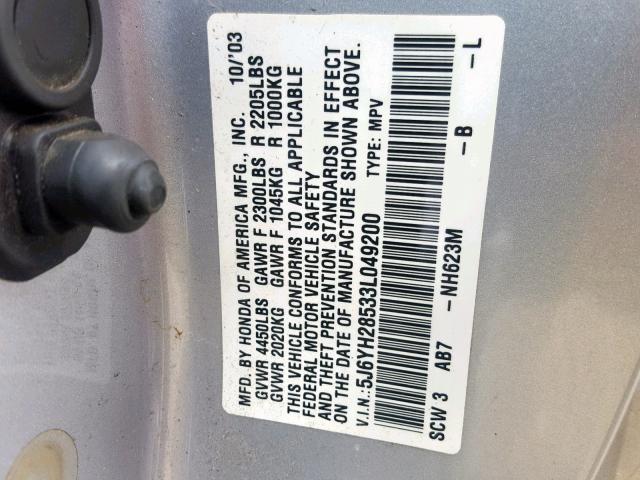 5J6YH28533L049200 - 2003 HONDA ELEMENT EX SILVER photo 10