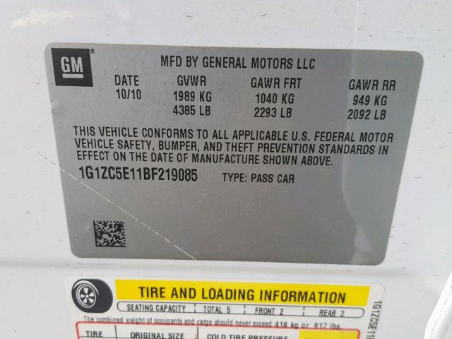 1G1ZC5E11BF219085 - 2011 CHEVROLET MALIBU 1LT 白色 照片 10