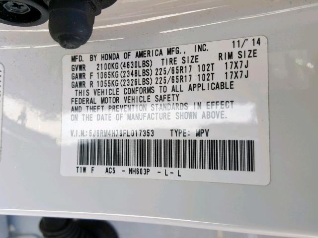 5J6RM4H79FL017353 - 2015 HONDA CR-V EXL WHITE photo 10