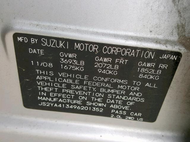 JS2YA413496201352 - 2009 SUZUKI SX4 TECHNO SILVER photo 10