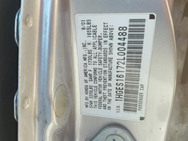 1HGES16172L004488 - 2002 HONDA CIVIC DX SILVER photo 10